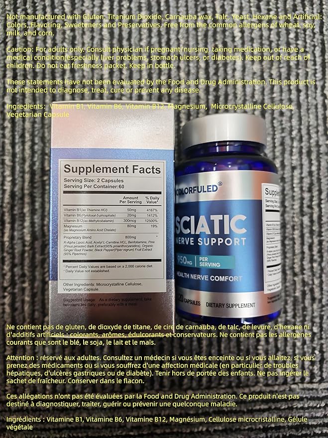 Sciatic Nerve Capsules, Nerve Support Supplement with 300mg Alpha Lipoic Acid & B-Complex Vitamins, 120 Capsules for Hip, Hand, Leg & Lower Back Comfort