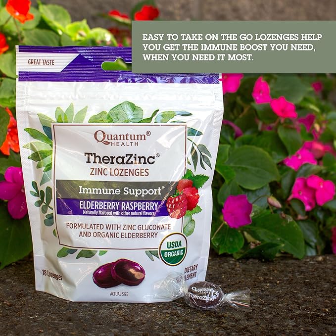 Quantum Health TheraZinc Organic Zinc Lozenges, Elderberry Sambucus Raspberry & Honey, Immune Support for Adults & Kids 12+, Fast Relief, No Aftertaste, 18 Count (Package May Vary) (Pack of 2)