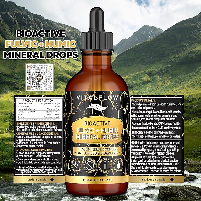 Fulvic + Humic Trace Mineral Drops, 3:1 Humic-Fulvic Blend | Water-Extracted from Canadian Humalite | 60 mL Amber Dropper | Third-Party Tested, No Preservatives/Fillers | GMP & ISO Verified