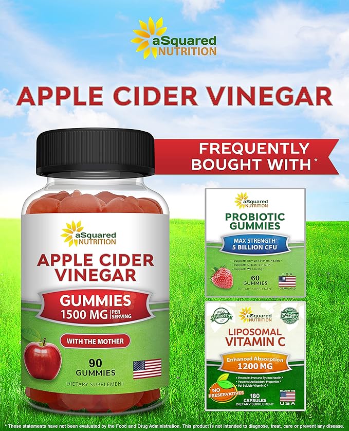 aSquared Nutrition Apple Cider Vinegar Gummies - 1500mg Per Serving - with The Mother - 90 ACV Gummies w/Vitamin B6 & B12, Folic Acid - Vegan Gummy Supplement Alternative to Capsules Pills & Drink