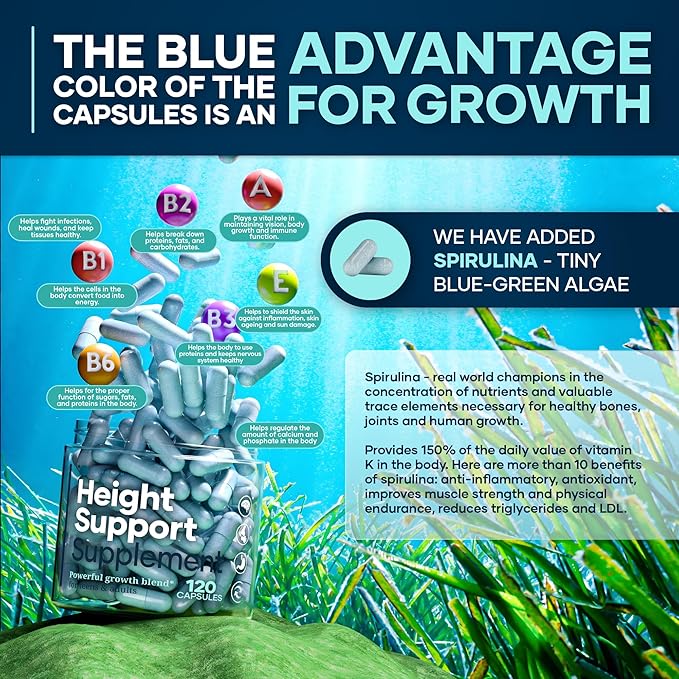 Height & Bone Support Supplement - Premium Height Growth Supplement for Kids & Teens with Calcium - Nutritional Support Bone Health Formula - Height Increase Essential Vitamins - 120 Caps