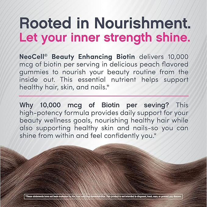 NeoCell biotin 10000mcg Gummies | 72 Count | Beauty Enhancing Supplement | Hair, Skin, and Nails | Peach Flavor