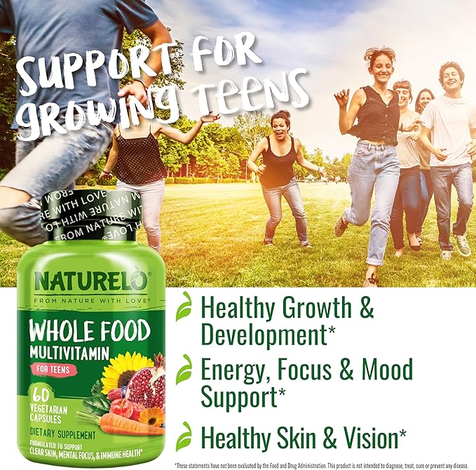 NATURELO Multivitamins for Teenage Girls/Boys, 60 Capsules, Whole Food Multivitamin with Minerals, Non-GMO, Vegetarian