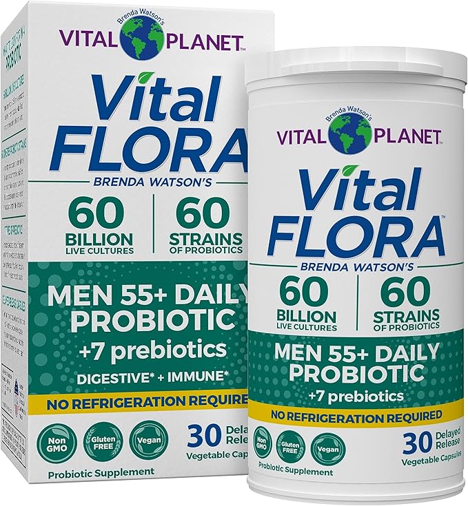 Vital Planet - Vital Flora Men Over 55 Daily Probiotic, 60 Billion CFU, Diverse Strains, Organic Prebiotics, Immune Support, Digestive Health Shelf Stable Probiotics for Men, 30 Capsules
