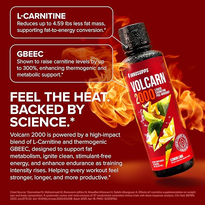 InnoSupps Volcarn 2000 - L-CARNITINE Advanced Energy Liquid | ATP Enhancer with GBEEC | Boosts Energy, Enhances Focus, Caffeine Free, No Artificial Sweeteners | 32 Servings (Lemon Lime)