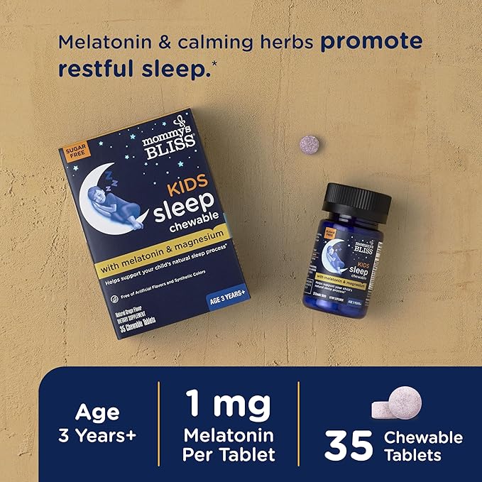 Mommy's Bliss Kids Sleep Chewable Tablets, Melatonin, Magnesium & Calming Herbs, Grape Flavor, Sugar Free Kids Melatonin, Age 3+ (35 Servings), 35 Count (Pack of 1)