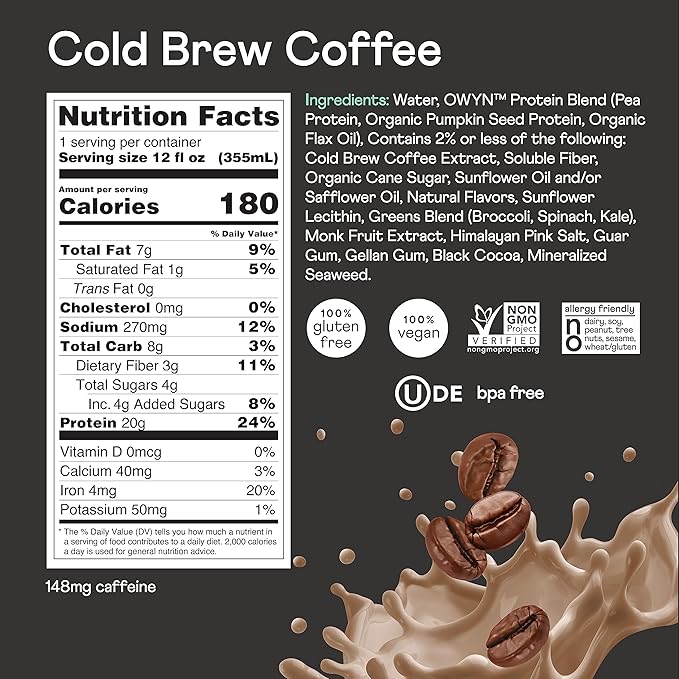 OWYN Only What You Need Cold Brew Coffee Flavored Protein Shake, 20g Protein, 4g Sugar, 3g Fiber, Dairy Free, Plant Based Protein Drink, 12 Count