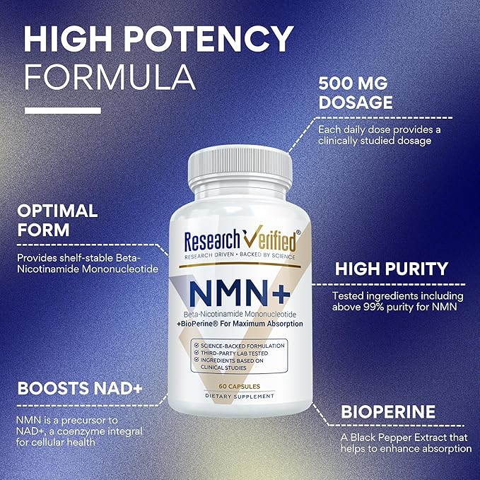 Research Verified NMN - Boost Cellular Energy, Support Healthy Aging & Vitality - 500mg Pure NMN - 60 Capsules - Pack of 3