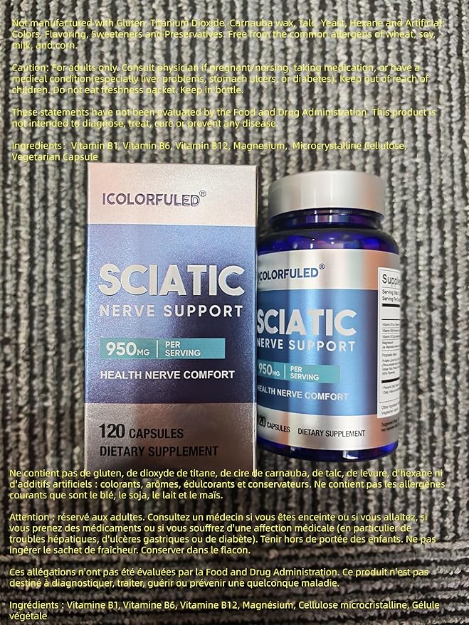 Sciatic Nerve Capsules, Nerve Support Supplement with 300mg Alpha Lipoic Acid & B-Complex Vitamins, 120 Capsules for Hip, Hand, Leg & Lower Back Comfort