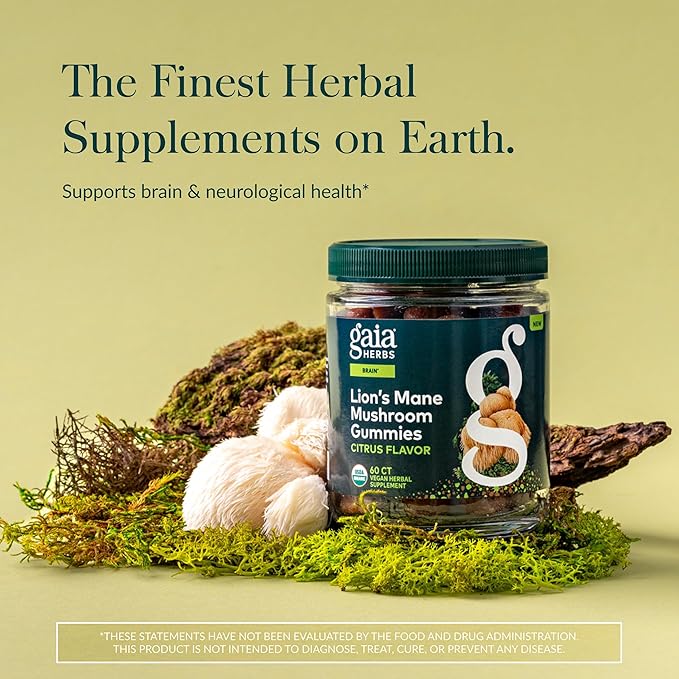 Gaia Herbs Lion's Mane Mushroom Gummies - Brain Support Supplement* - Made with Organic Lion's Mane Mushrooms - Free from Gluten, Soy & Dairy - 60 Vegan Gummies (30 Servings)