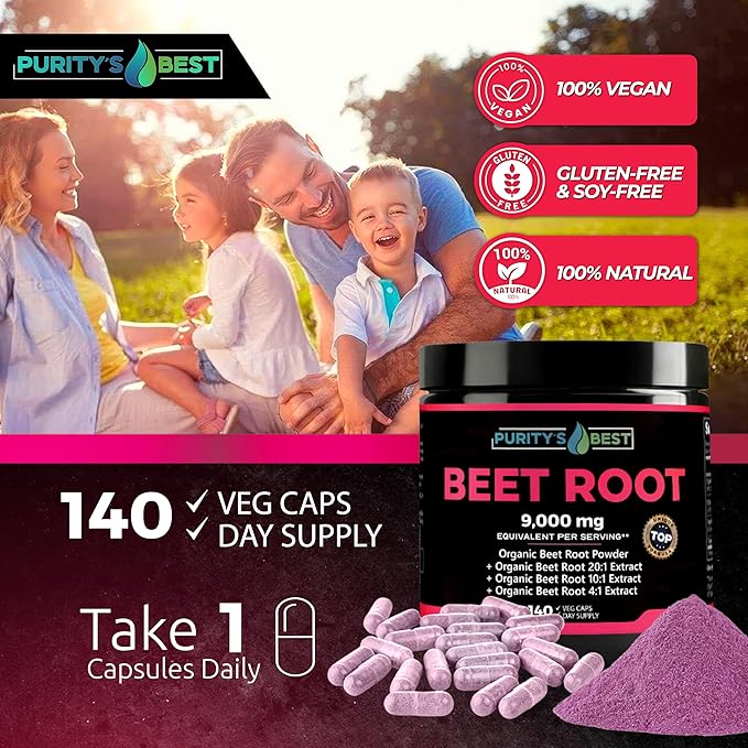 Purity's Best Beet Root Capsules, 140 Veggie Pills, Supports Blood Circulation - Helps Nitric Oxide Production, Beet Root Extract, Pure, Non-GMO