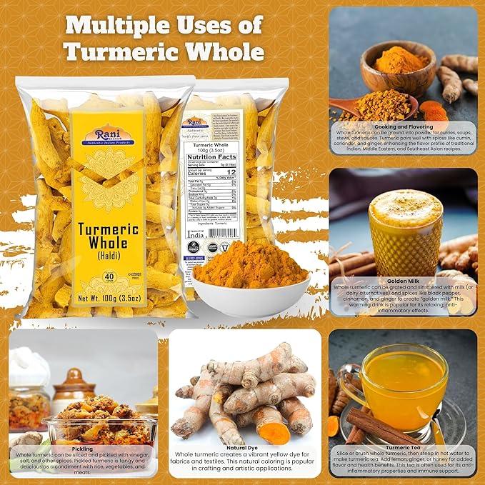Rani Turmeric (Haldi) Root Whole Spice, Dried 3.5oz (100g) ~ All Natural | 100% Pure | Vegan | Gluten Friendly | NON-GMO | Kosher | Indian Origin