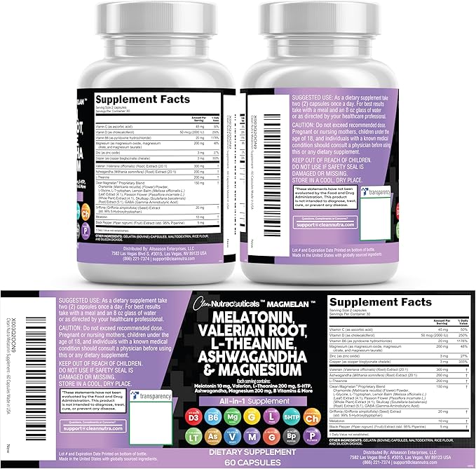 Clean Nutraceuticals Melatonin 10mg Valerian Root L Theanine 200mg Ashwagandha - Sleep Support for Women & Men with Magnesium Complex, Lemon Balm, Chamomile, & Passion Flower - 60 Caps