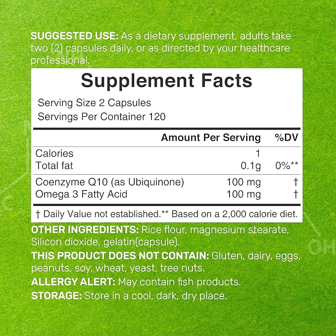 DEAL SUPPLEMENT CoQ10 100mg with Omega 3 100mg, 240 Capsules | Bioavailable Coenzyme Q10 Formula | Non-GMO
