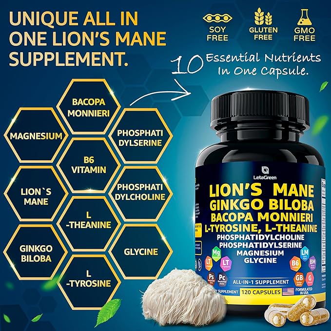Organic Lions Mane Supplement Capsules - 120 Real Mushrooms Lion's Mane Capsules with Ginkgo Biloba Herb, Bacopa Monnieri, L Theanine, L Tyrosine - Mushroom Complex for Daily Wellness