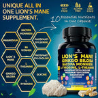 Organic Lions Mane Supplement Capsules - 120 Real Mushrooms Lion's Mane Capsules with Ginkgo Biloba Herb, Bacopa Monnieri, L Theanine, L Tyrosine - Mushroom Complex for Daily Wellness