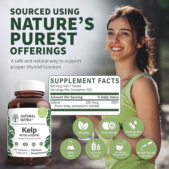Natural Nutra Kelp Iodine with Potassium Iodide - Thyroid Support Supplement - Immune Strength & Metabolism Balance - Vegan Sea Kelp for Wellness - 225 mcg Iodine - 100 Tablets