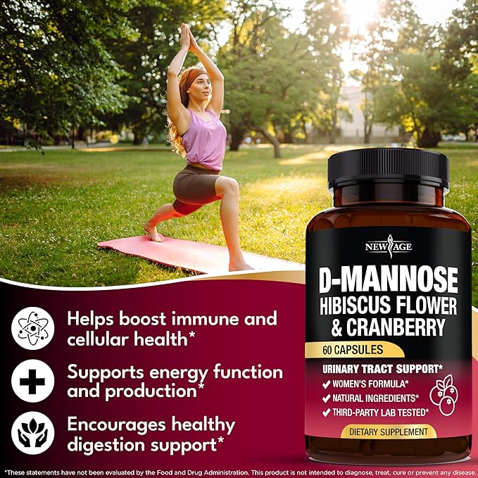 NEW AGE D-Mannose with Cranberry & Hibiscus - High Strength for Urinary Tract Health - Supplement for Women - Bladder, Liver & Microflora Support - Made in USA - Vegan, 120 Capsules