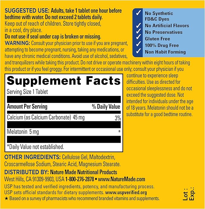 Nature Made Melatonin 5mg Extra Strength Tablets, 100% Drug Free Sleep Aid, Sleep Supplements for Adults, 300 Tablets, 300 Day Supply