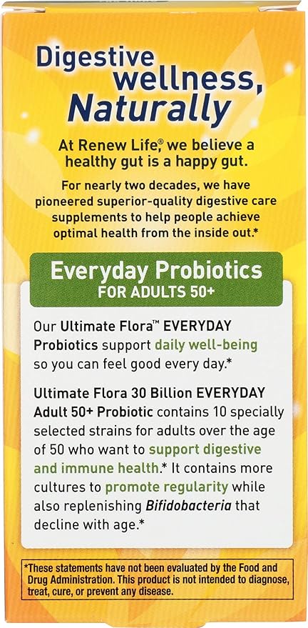 Renew Life Probiotic Adult 50 Plus Probiotic Capsules, Daily Supplement Supports Urinary, Digestive and Immune Health, L. Rhamnosus GG, Dairy, Soy and gluten-free, 30 Billion CFU, 30 Count