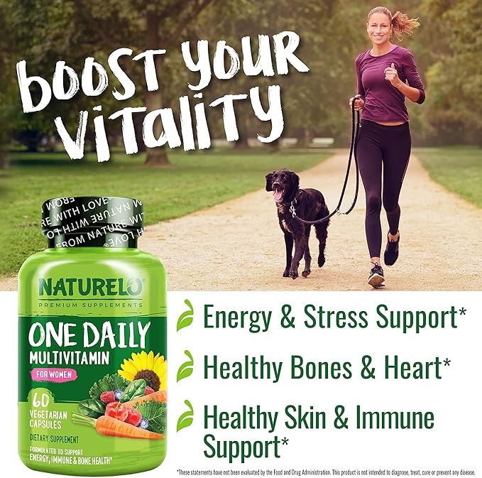 NATURELO One Daily Multivitamin for Women w/Vitamin B12, 60 Ct, Energy Support, Whole Food Daily Women Multivitamin Supplement, Nourish Hair/Skin/Nail, Non-GMO, No Soy, Gluten Free, 2 Month Supply