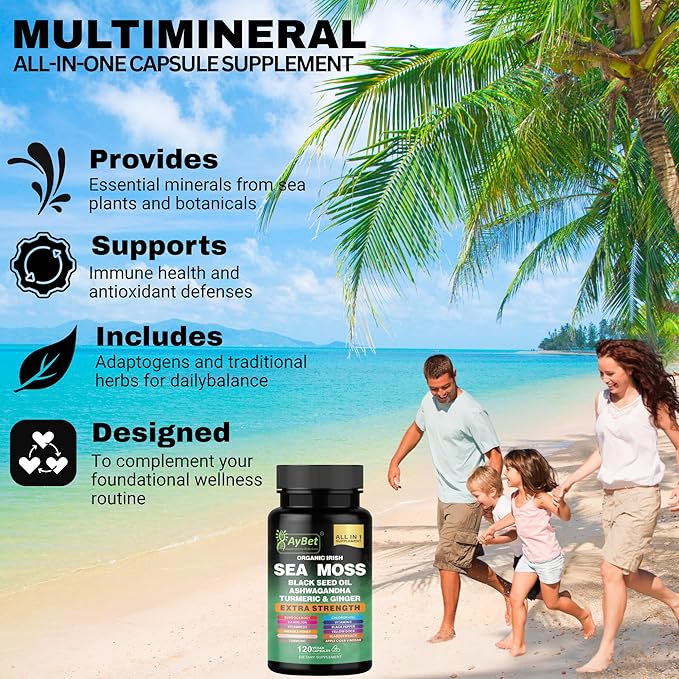 Organic Irish Sea Moss Capsules 120 Count –16 in 1 Sea Moss Supplement with Black Seed Oil, Ashwagandha, Turmeric & Ginger, Bladderwrack & Burdock Root, Vitamin D3 –Organic, Vegan, Halal, Non-GMO