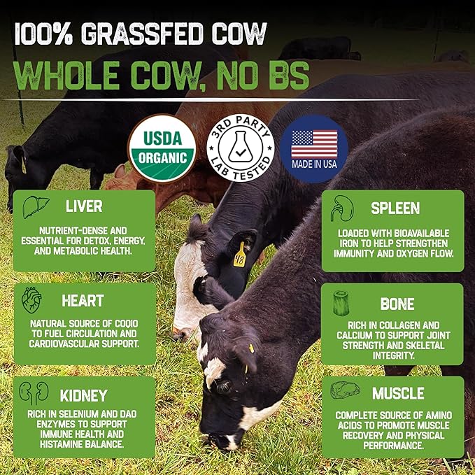 Grassfat Farm - USDA Certified Organic 100% Grassfed Beef Organ Supplements - Whole Cow with Nothing Added - Beef Liver, Kidney, Lungs, Heart, Bone & Muscle - NO Uterus or Fallopian - 30-Day Supply