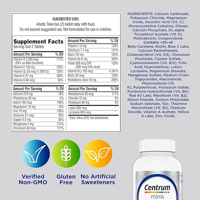 Centrum Minis Silver Multivitamin for Men 50 Plus, Multivitamin/Multimineral Supplement, Vitamin D3, B-Vitamins and Zinc, Non-GMO Ingredients, Supports Memory and Cognition in Older Adults - 280 Ct