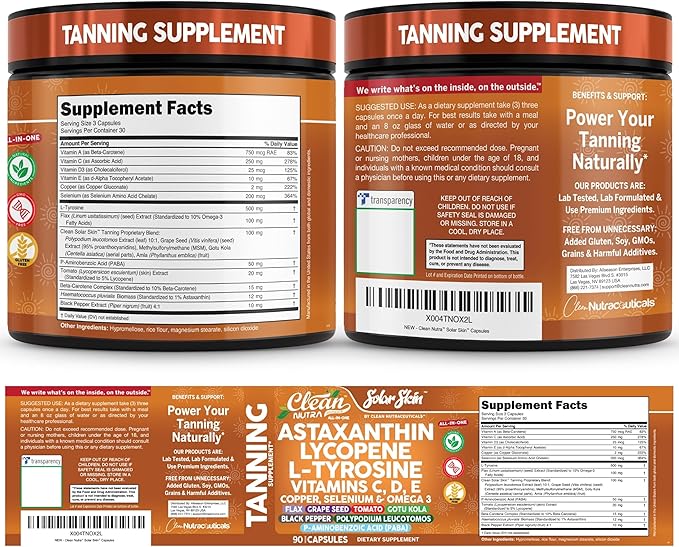 Solar Skin Astaxanthin Tanning Supplement Lycopene L-Tyrosine Vitamins A C D E, PABA Beta Carotene Selenium Grapeseed Extract Omega 3 Flax Seed Copper Capsules By Clea Nutra
