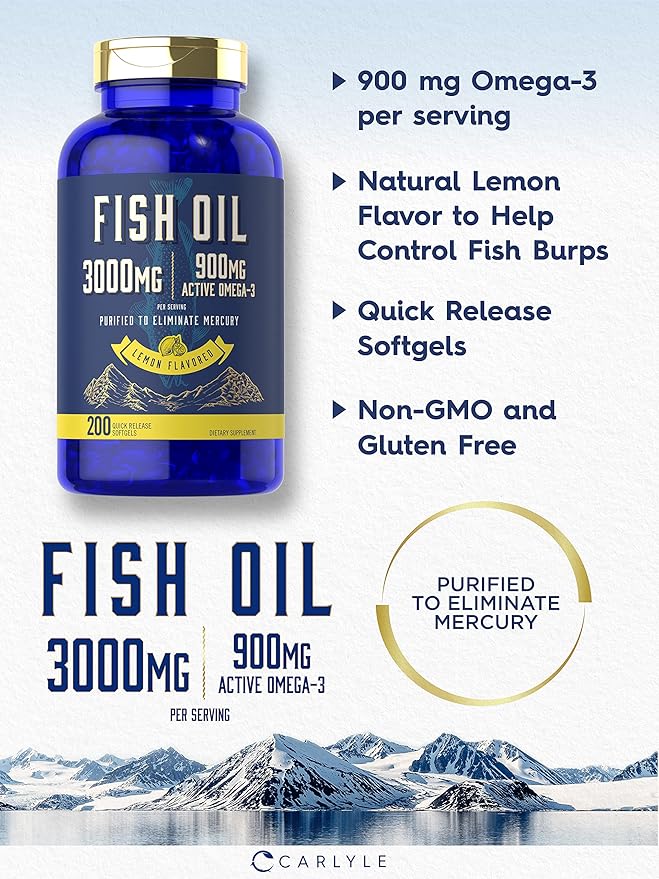 Carlyle Fish Oil 3000mg | 900mg Omega 3 | 200 Softgels | Lemon Flavor | Non-GMO and Gluten Free Supplement