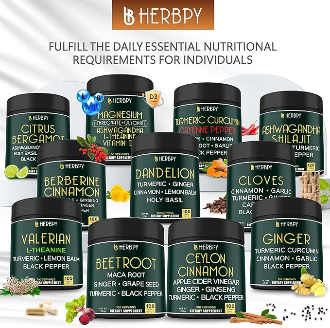 Herbpy 6in1 Premium Ceylon Cinnamon Supplement Plus Apple Cider Vinegar, Turmeric, Ginger, Ginseng - Weight Management, Digestion - 100 Vegan Capsules