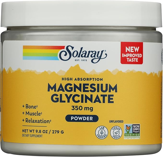 SOLARAY Magnesium Glycinate Powder 350 mg - Unflavored Magnesium Powder - Magnesium Supplement for Bone, Muscle, and Relaxation Support - Vegan, Non-GMO, 60-Day Guarantee - 50 Servings, 6 OZ