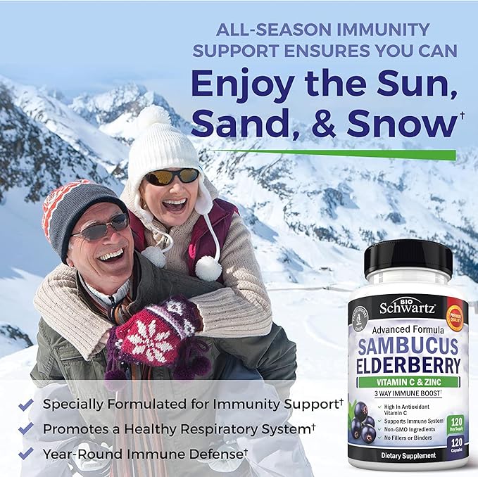 BioSchwartz Elderberry Capsules with Zinc and Vitamin C for Adults - Immune Support Vitamins for Women and Men - Black Sambucus Elderberry Vitamin C and Zinc - Multiminerals Supplement, 120 Count