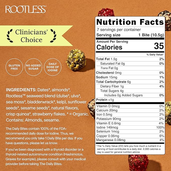 Rootless Seaweed Daily Bites – Double Strawberry & Coconut Chai – 2 Week Supply for Hormone & Thyroid Health | 100% Daily Iodine, Whole Food Ingredients – 2 Pack