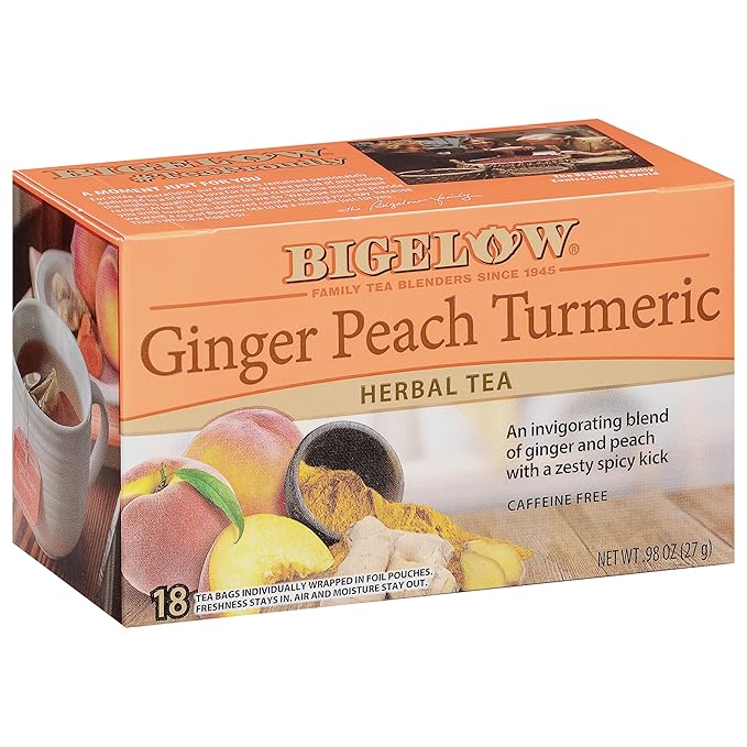 Bigelow Tea Ginger Peach Turmeric Herbal Tea, Caffeine Free Tea with Ginger and Peach, 18 Count Box (Pack of 6), 108 Total Tea Bags