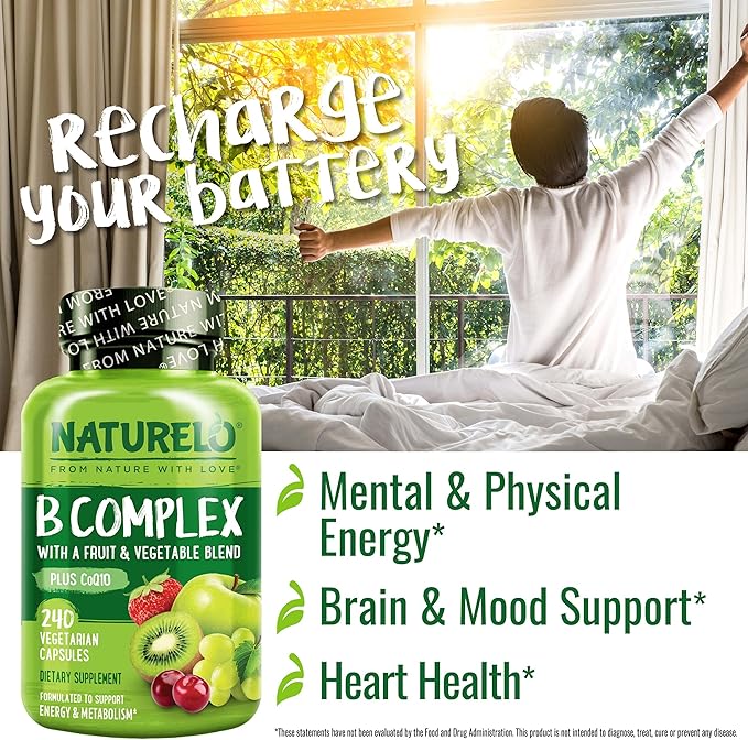 NATURELO Vitamin B Complex, 240 Capsules, Vegan, CoQ10, Methyl Folate, Biotin, Fruit & Veg Blend, Supports Energy and Healthy Stress Response, Super B Complex Vitamins for Women and Men