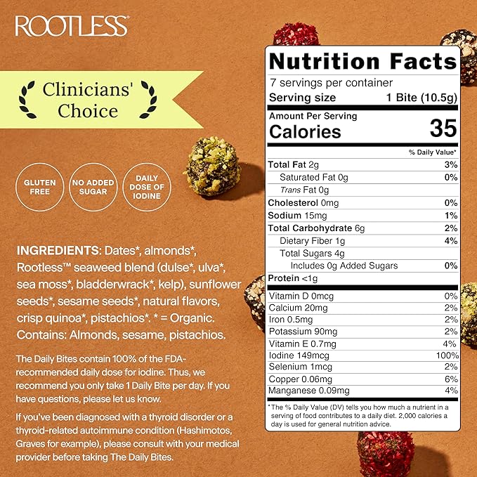 Rootless Seaweed Daily Bites – Orange Pistachio & Cacao Crunch – 2 Week Supply for Hormone & Thyroid Health | 100% Daily Iodine, Whole Food Ingredients – 2 Pack