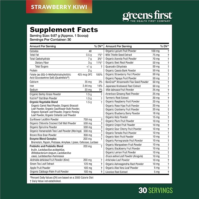 Greens First Original Greens Powder - 49 Superfoods - Organic Fruits & Veggies - Prebiotics, Probiotics & Digestive Enzymes - Antioxidant - Dairy Free/Vegan/Non-GMO (Strawberry Kiwi, 30 Servings)