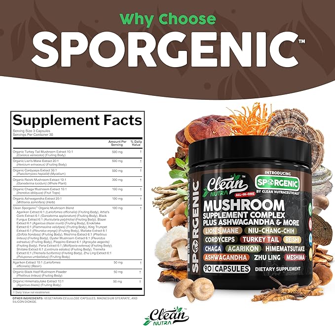 Organic Mushroom Supplement | Ashwagandha Lions Mane Cordyceps Turkey Tail Reishi Mushrooms Maca Root Black Hoof Chaga Tremella Agarikon Shiitake Oyster Powder Capsules Sporgenic By Clean Nutra (1)