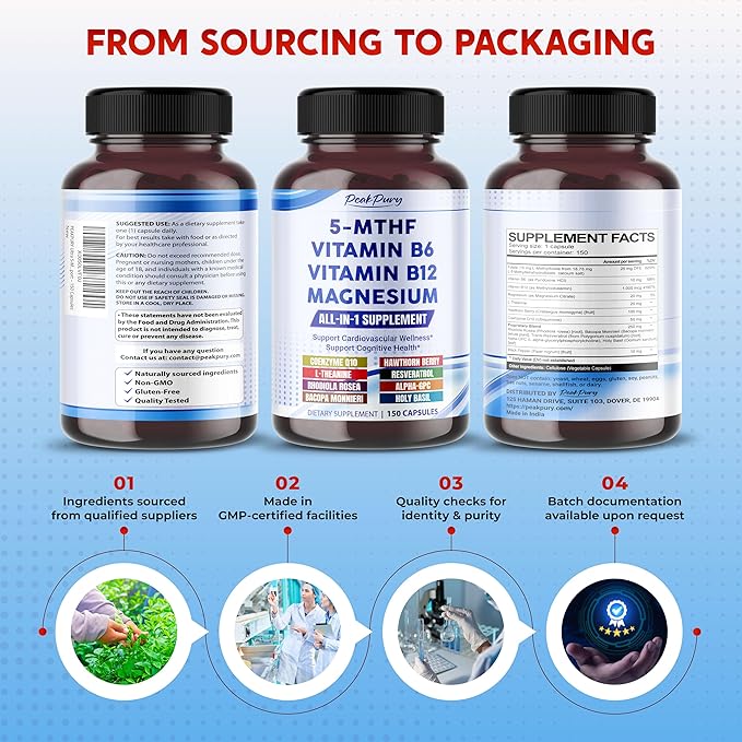 Ultra 5-MTHF with Vitamin B6, B12, Magnesium, CoQ10 & Rhodiola – All-in-1 Supplement for Cardiovascular, Mood & Brain Support – 150 Capsules