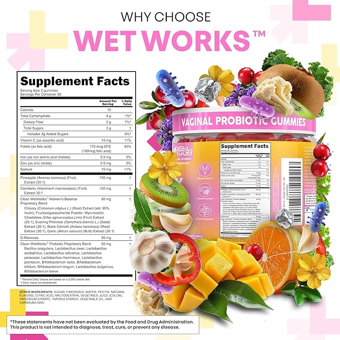 Wet Works Women's Vaginal Probiotic Gummies Pineapple Cranberry Folic Acid D-Mannose Vitamin C Chicory Myo Inositol Garlic Black Cohosh Zinc Iron Evening Primrose Chastetree 60 Count by Clean Nutra
