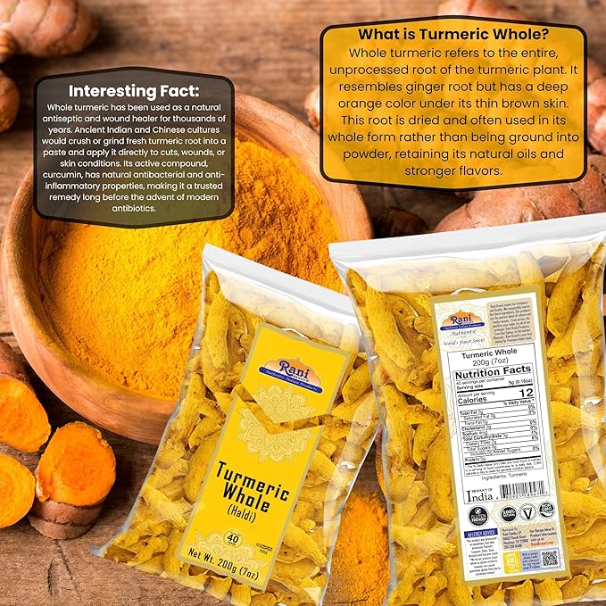 Rani Turmeric (Haldi) Root Whole Spice, Dried 7oz (200g) ~ All Natural | 100% Pure | Vegan | Gluten Friendly | NON-GMO | Kosher | Indian Origin