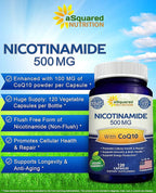Nicotinamide with CoQ10 (120 Capsules) - Vitamin B3 500mg (Niacinamide Flush Free) - Coenzyme Q10 Powder - VIT B-3 & Coq 10 Supplement Pills to Support Energy, NAD, & Skin Cell Health