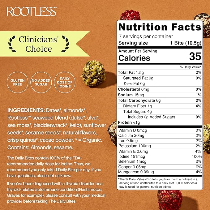 Rootless Seaweed Daily Bites – Cacao Crunch – 1 Week Trial Pack for Hormone & Thyroid Health | 100% Daily Iodine, Whole Food Ingredients, No Added Sugar (7 Bites)