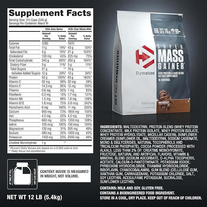 Dymatize Super Mass Gainer Protein Powder, Rich Chocolate, 52g Protein, 1g Creatine, 1280 Calories, 10.7g BCAAs, 245g Carbs, Contains Whey Protein Powder, Isolate, and Casein (16 Servings)