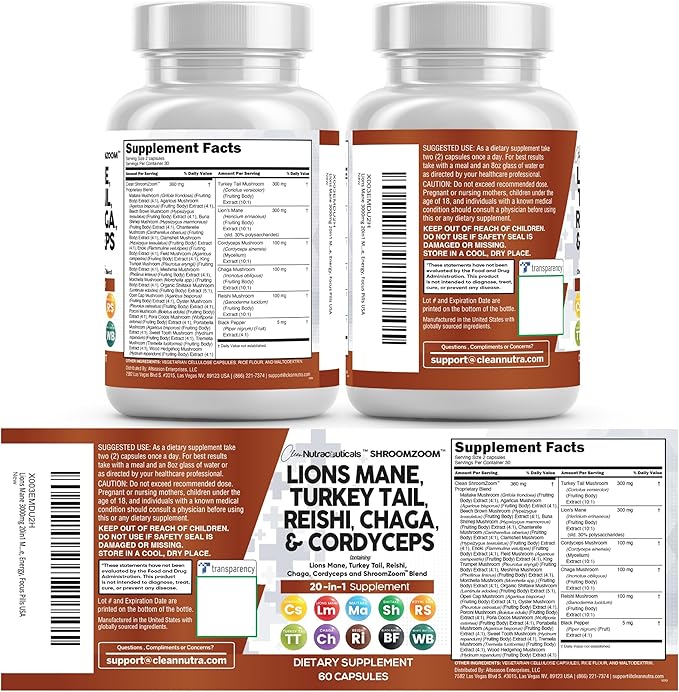 Clean Nutraceuticals Lions Mane 20in1 Mushroom Supplement with Turkey Tail Reishi Cordyceps Chaga Maitake Meshima Poria Cocos Shiitake Oyster Porcini Enoki (5)