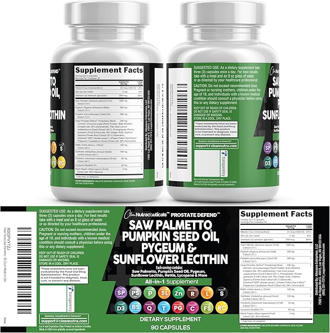 Clean Nutraceuticals Saw Palmetto Pumpkin Seed Oil Pygeum Sunflower Lecithin Stinging Nettle Cranberry - Prostate Supplements for Men with Lycopene - 90 Caps (Pack of 2)