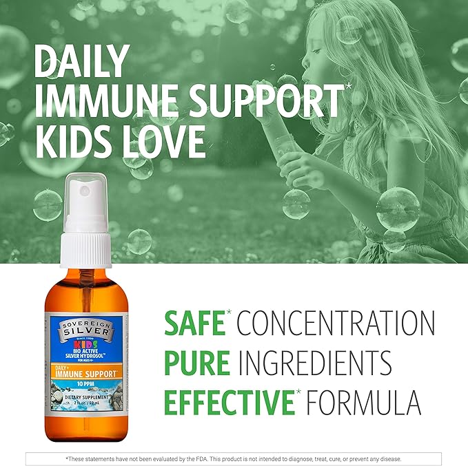 Sovereign Silver Kids Immune Support, Colloidal Silver, Bio-Active Silver Hydrosol,10 ppm, Fine Mist Spray, 2 Fl Oz
