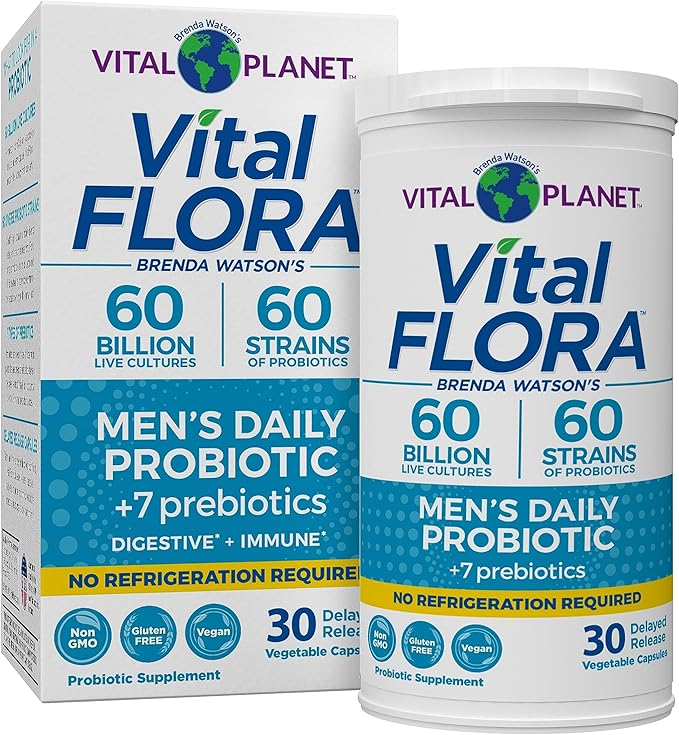 Vital Planet - Vital Flora Probiotics for Men, 60 Billion CFU, 60 Diverse Strains, 7 Organic Prebiotics, Men’s Daily Shelf Stable Probiotic for Immune Support, Gas Relief, Digestive Health 30 Capsules
