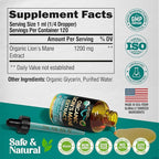 Lions Mane Liquid - USDA Certified Organic Lions Mane Supplement - Brain Support, Energy, Memory & Focus - Sugar & Alcohol-Free Lion's Mane Mushroom Extract 144,000 mg / Bottle, 4fl oz, 4 Month Supply